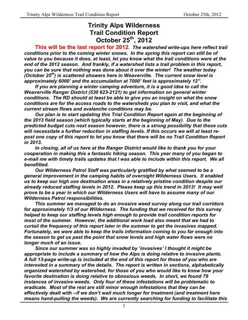 Trail Service Learning Report Trinity Alps Wilderness Trail Condition Report - USDA Forest Service