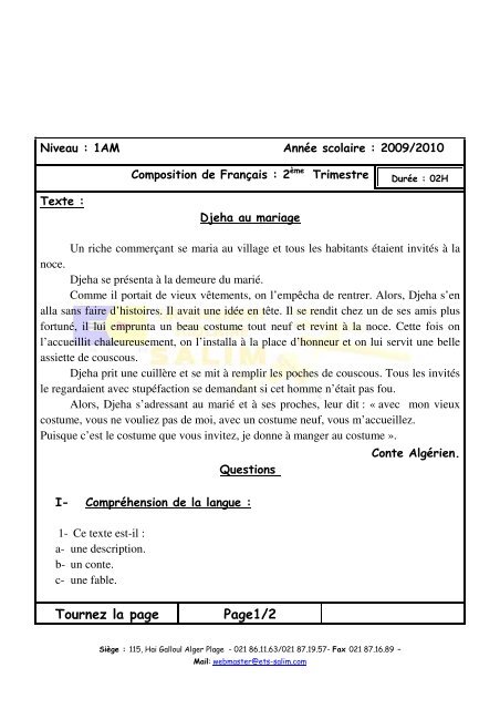 Examen FranÃ§ais avec la correction - Groupement Scolaire Salim