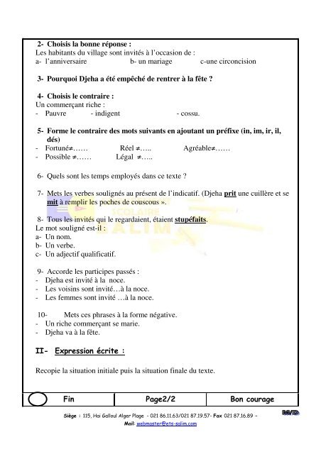 Examen FranÃ§ais avec la correction - Groupement Scolaire Salim