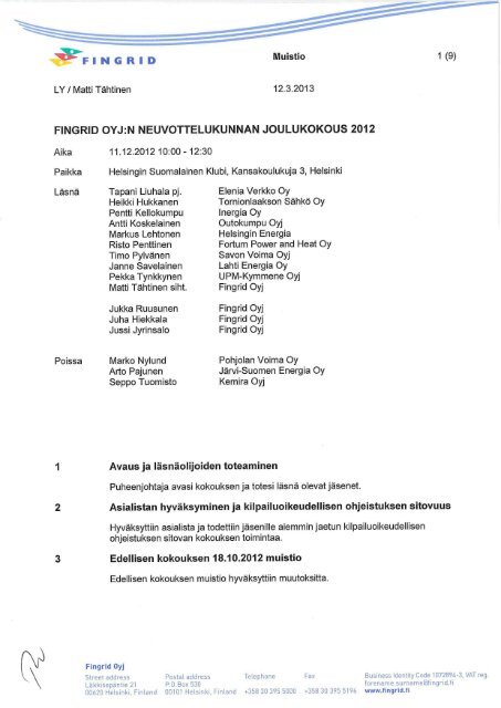 Pöytäkirja - Fingrid
