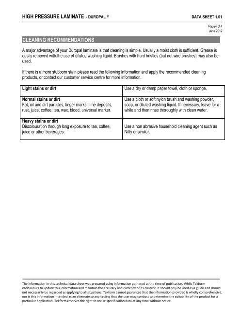 HIGH PRESSURE LAMINATE Ã¢Â€Â“ DUROPAL - Tekform