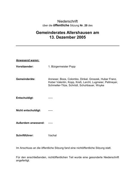 Gemeinderates Allershausen am 13. Dezember 2005