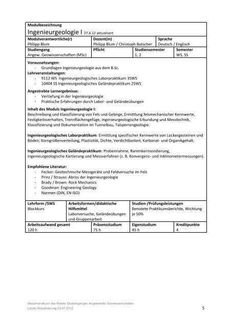 Modulhandbuch Master Angewandte Geowissenschaften