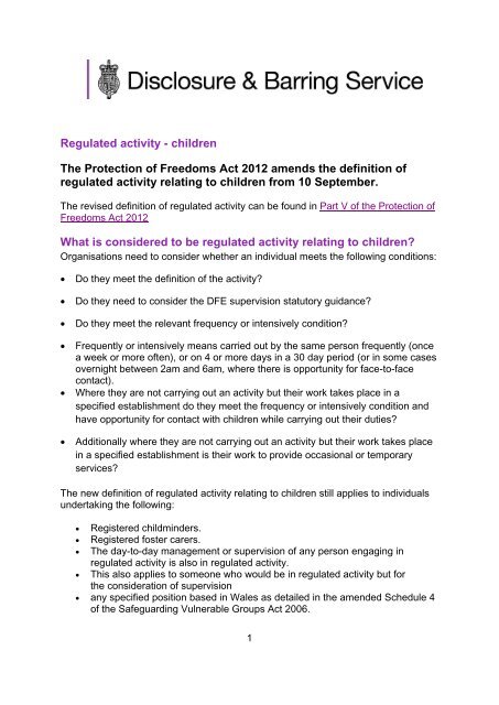 Regulated activity - children The Protection of Freedoms Act 2012 ...