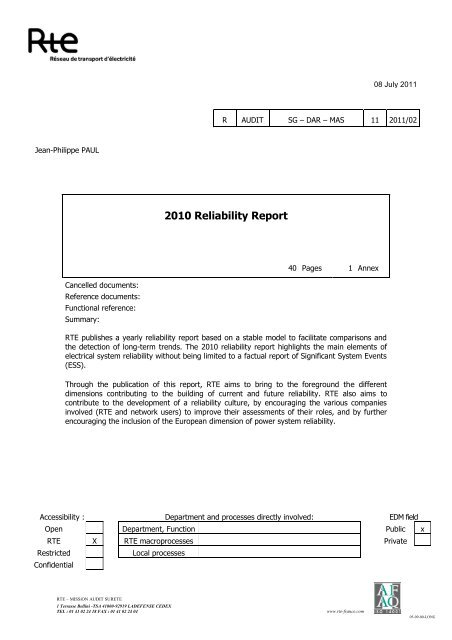 Power System Reliability Report - RTE