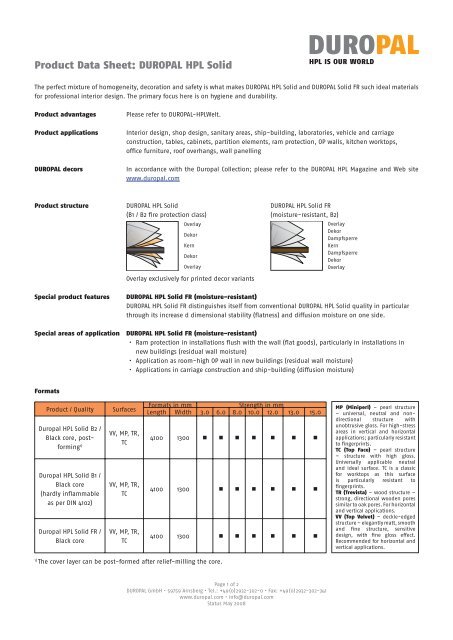 Product Data Sheet: DUROPAL HPL Solid