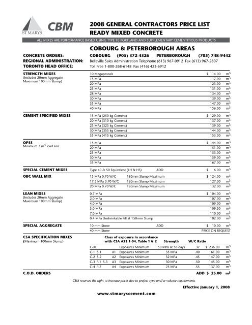 2008 general contractors price list ready mixed ... - St Marys Cement