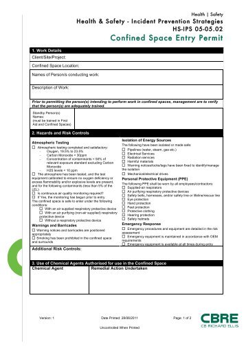 Confined Space Entry Permit - Waterfront Place