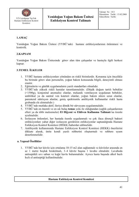 18/1-YenidoÃ„ÂŸan YoÃ„ÂŸun BakÃ„Â±m ÃƒÂœnitesi Enfeksiyon Kontrol TalimatÃ„Â±