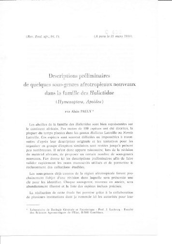 llescriptiorus préliminaines - Laboratoire de Zoologie