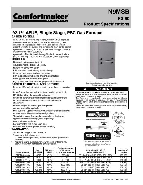 92.1% AFUE, Single Stage, PSC Gas Furnace PS 90 Product ...