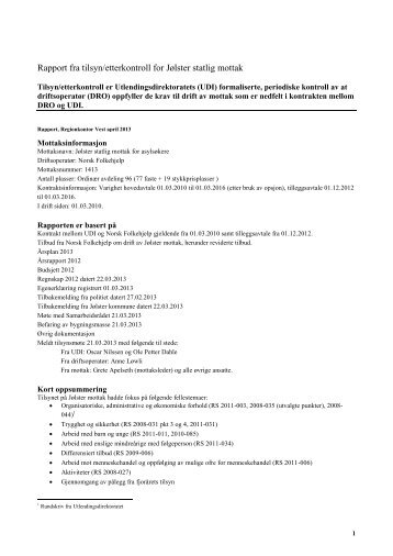 Rapport fra tilsyn/etterkontroll for JÃƒÂ¸lster statlig mottak - UDI