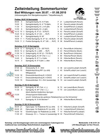 Zeiteinteilung Sommerturnier Bad Wildungen vom 30.07. – 01.08.2010