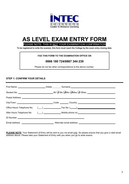 as level exam entry form - INTEC College