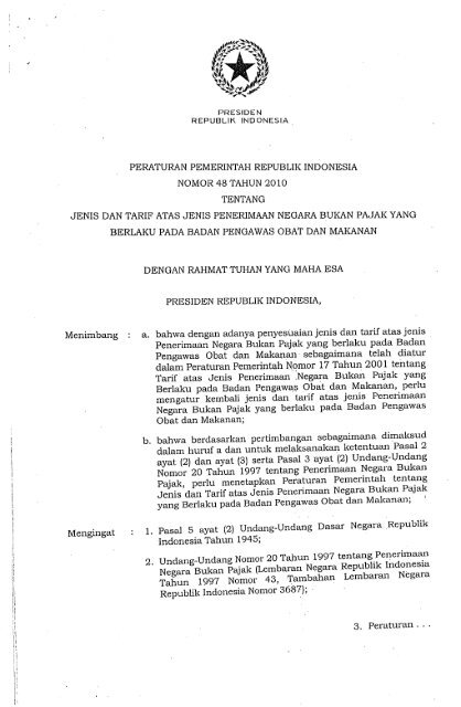 PP Nomor 48 Tahun 2010 Tentang Jenis dan Tarif atas Jenis PNBP ...
