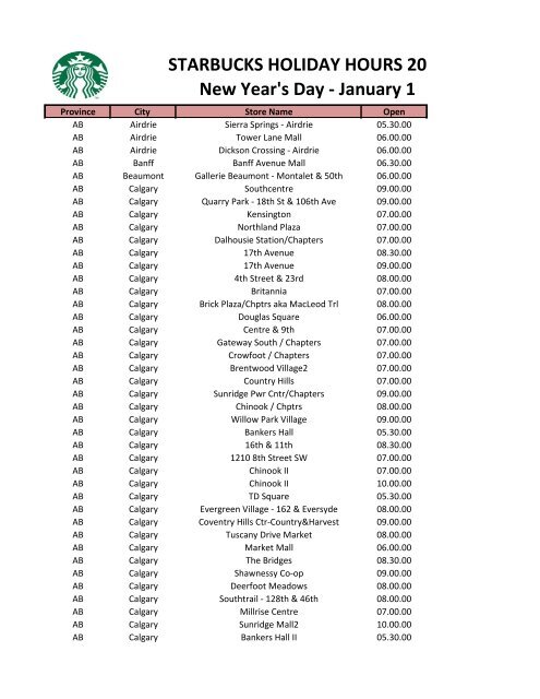 STARBUCKS HOLIDAY HOURS 2012 New Year's Day - January 1