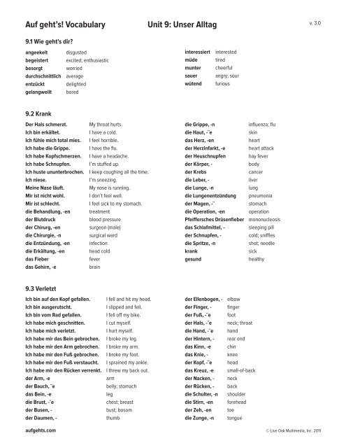 Auf geht's! Vocabulary Unit 9: Unser Alltag