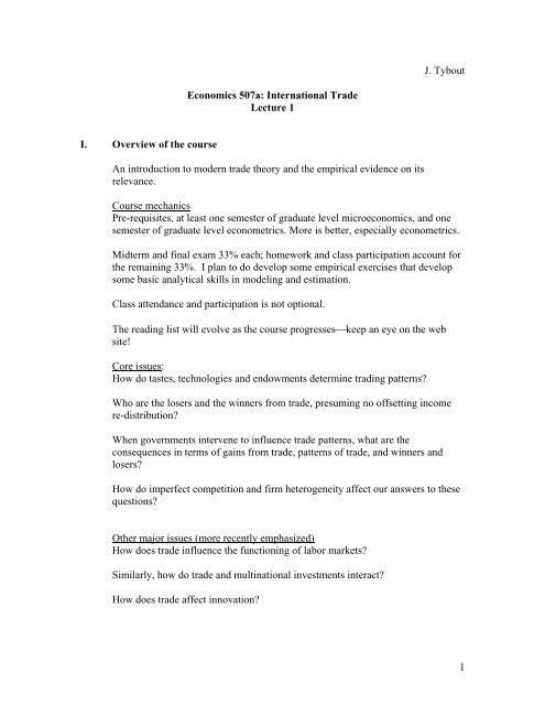 1 J. Tybout Economics 507a: International Trade Lecture 1 I ...