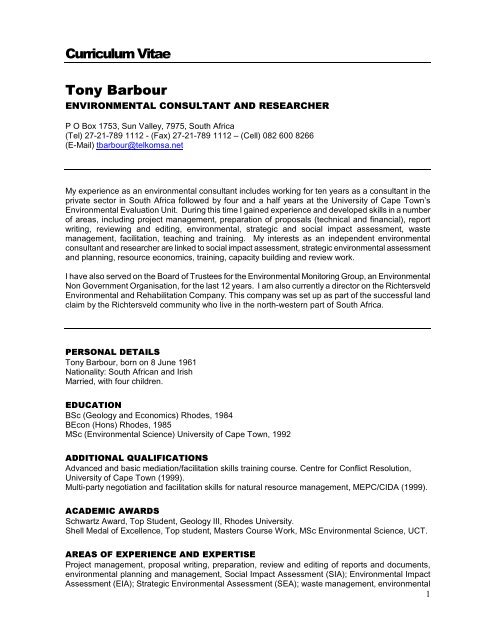 Curriculum Vitae Tony Barbour - Aurecon Environmental Services