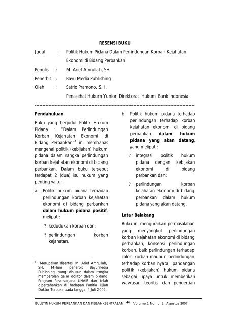 Resensi Buku Judul Politik Hukum Pidana Bank Indonesia