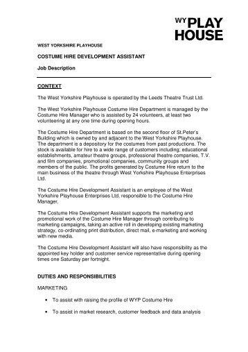 COSTUME HIRE DEVELOPMENT ASSISTANT Job Description ...
