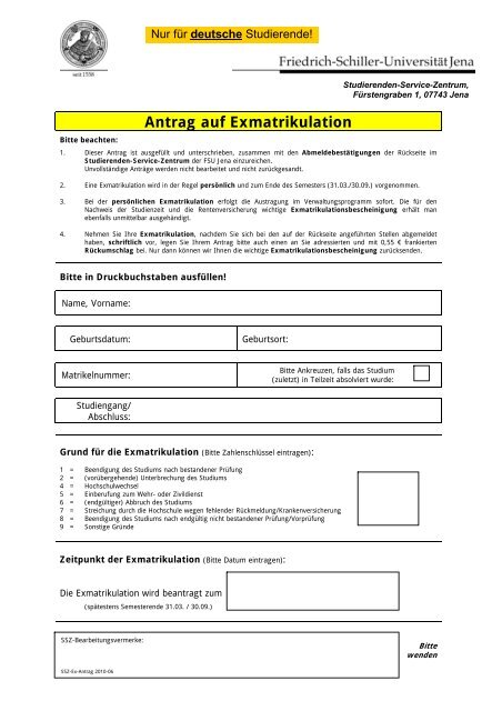 Antrag Auf Exmatrikulation Friedrich Schiller Universitat Jena
