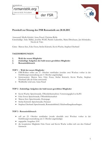 Protokoll zur Sitzung des FSR Romanistik am 20.10.2011