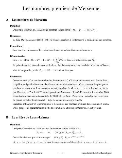 Les nombres premiers de Mersenne