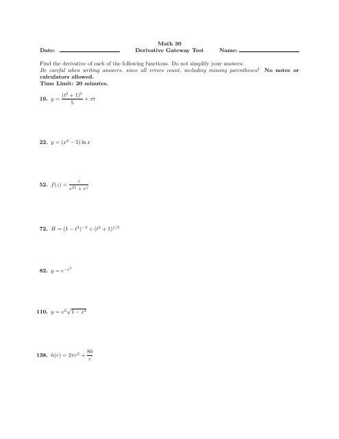 Math 30 Date: Derivative Gateway Test Name: Find the derivative of ...