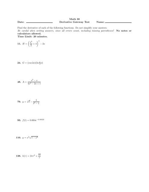 Math 30 Date: Derivative Gateway Test Name: Find the derivative of ...