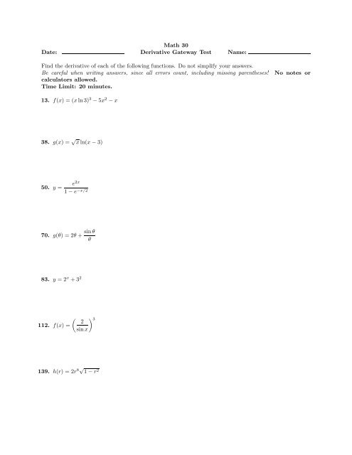 Math 30 Date: Derivative Gateway Test Name: Find the derivative of ...