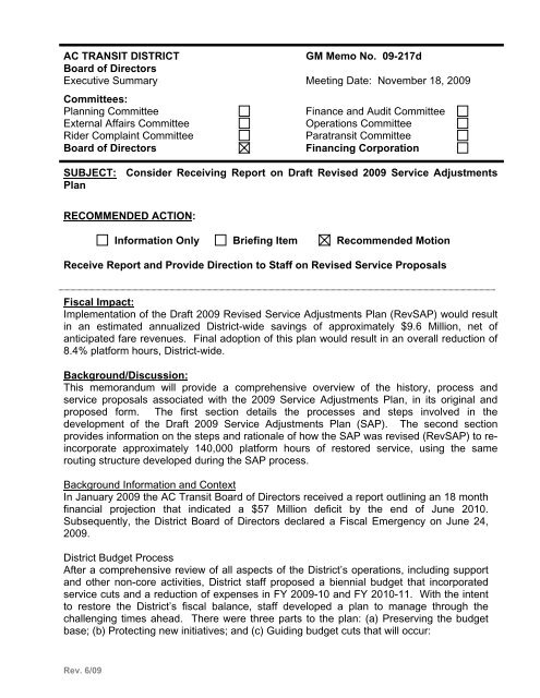 AC TRANSIT DISTRICT GM Memo No. 09-217d Board of Directors ...