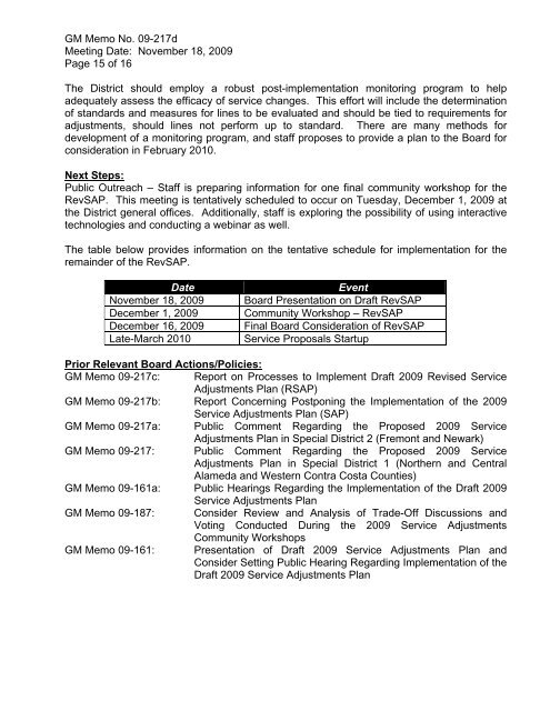 AC TRANSIT DISTRICT GM Memo No. 09-217d Board of Directors ...