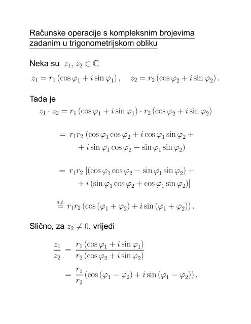 MATEMATIKA 1 Senka Banic PREDAVANJA (grupa G1): utorak i ...