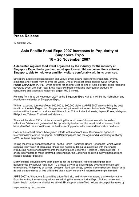 Press Release Asia Pacific Food Expo 2007 ... - Singapore EXPO