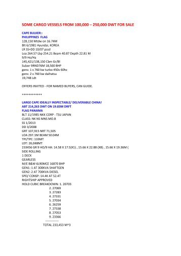 SOME CARGO VESSELS FROM 100,000 â€“ 250,000 DWT FOR SALE