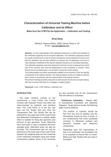 Characterization of Universal Testing Machine before Calibration ...