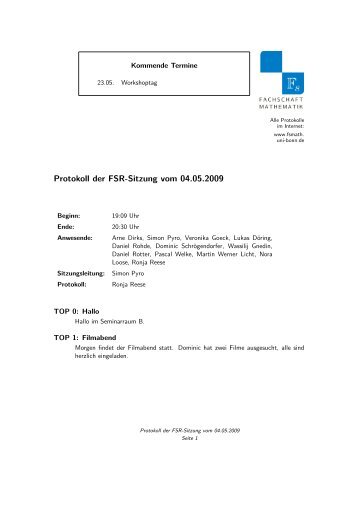 Protokoll der FSR-Sitzung vom 04.05.2009 - Fachschaft Mathematik ...