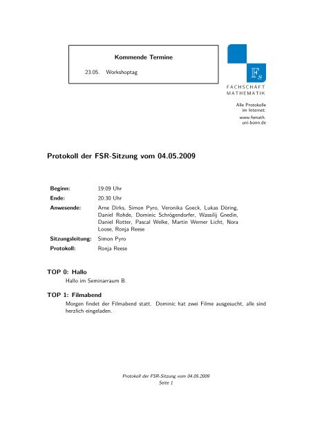 Protokoll der FSR-Sitzung vom 04.05.2009 - Fachschaft Mathematik ...