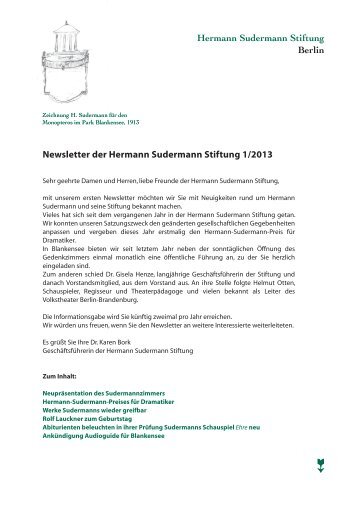 HSS Newsletter 2013.1 - Hermann Sudermann Stiftung