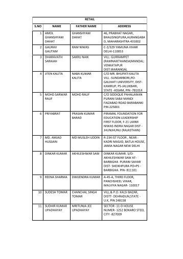 retail s.no name father name address 1 amol ghanshyam ... - CBSE