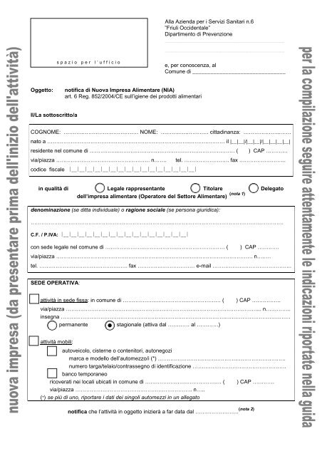 Notifica nuova impresa alimentare - Friuli Occidentale