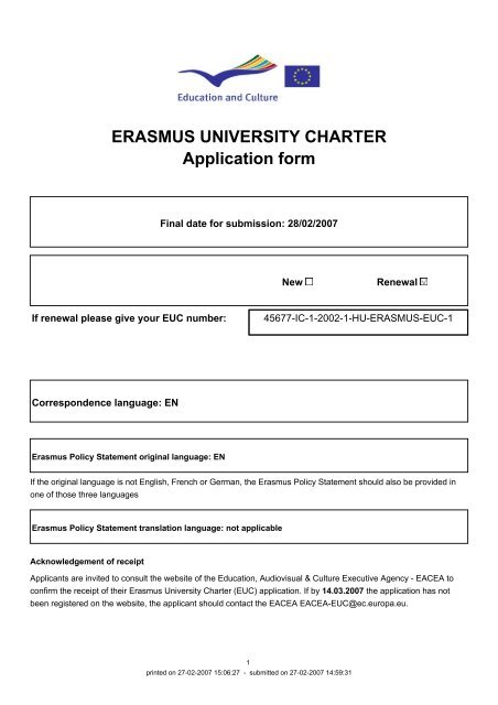 ERASMUS UNIVERSITY CHARTER Application form