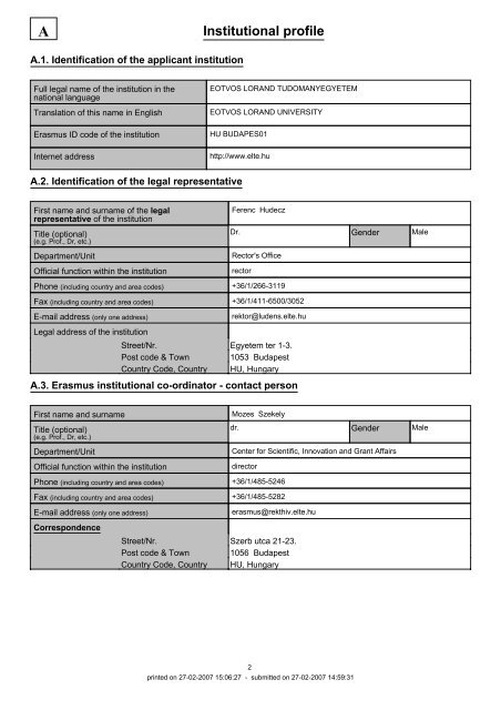 ERASMUS UNIVERSITY CHARTER Application form