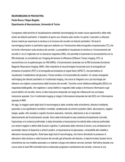 NEUROIMAGING IN PSICHIATRIA Paola Rocca, Filippo Bogetto ...