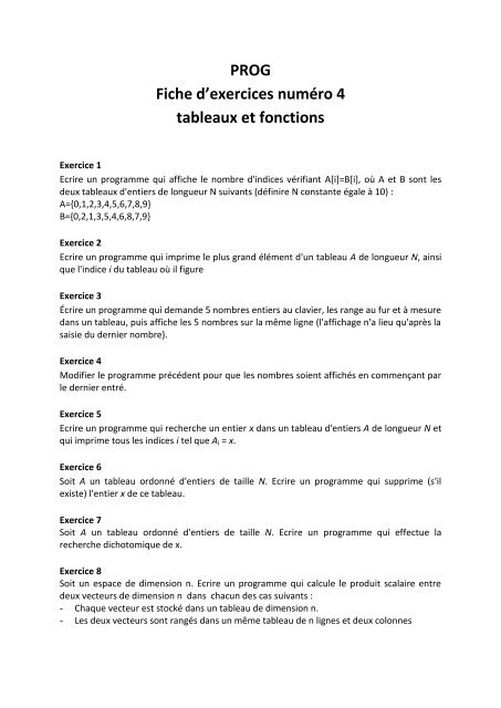 PROG Fiche d'exercices numÃ©ro 4 tableaux et fonctions