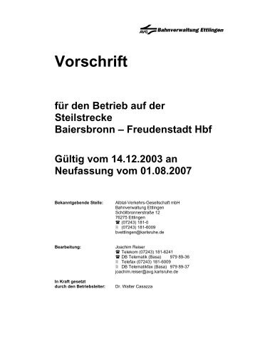 Vorschrift für den Betrieb auf der Steilstrecke Baiersbronn - AVG
