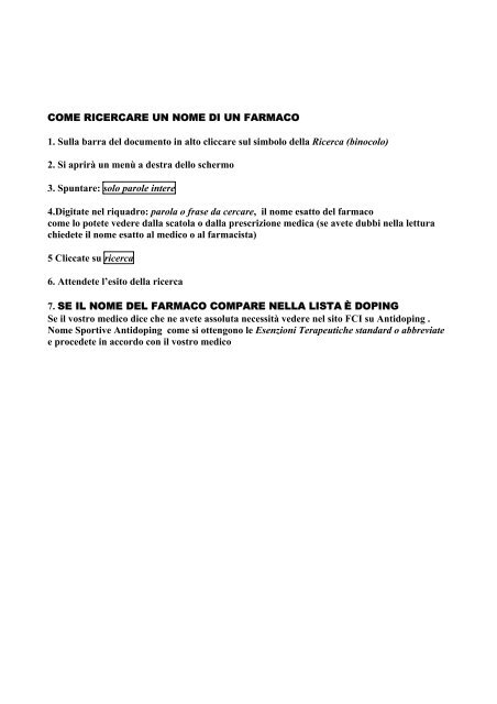 come ricercare un nome di un farmaco - Federazione Ciclistica Italiana