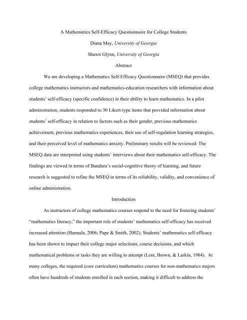 A Mathematics Self Efficacy Questionnaire For College Students A Mathematics Self Efficacy Questionnaire For College Students
