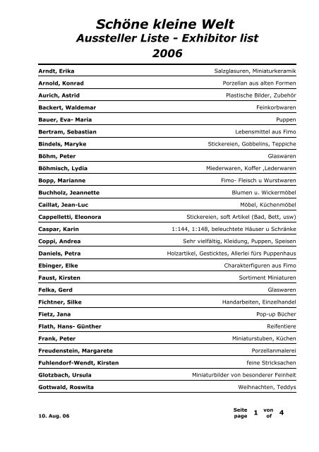 Schöne kleine Welt Aussteller Liste - Exhibitor list 2006